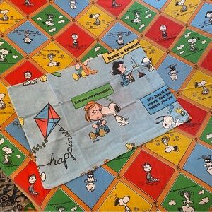 Vtg Peanuts Charlie Brown Snoopy Twin Flat Sheet & Pillow Case Colorful Quotes